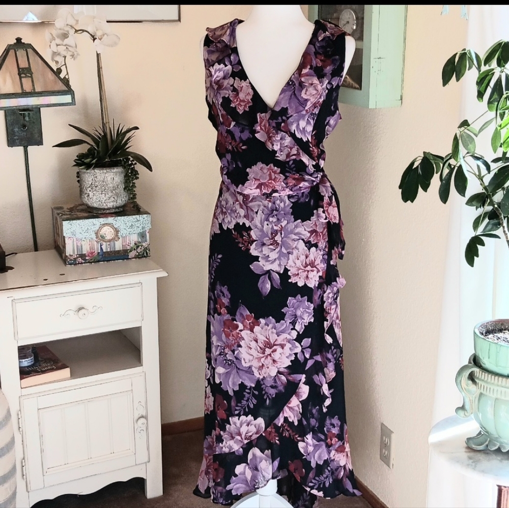 London Times Dark Floral Ruffled Midi Dress. Wedding Guest, Garden Party - Picture 2 of 14